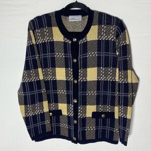 Vintage Laura Navy Blue and Cream Plaid Button Front Knit Cardigan S